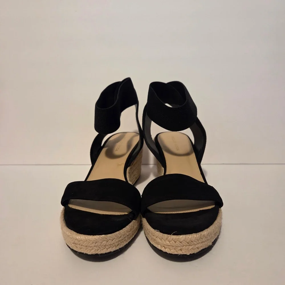 Pelle Moda Womens Black Suede Espadrille Wedge Sandals Elastic Ankle Strap 10M